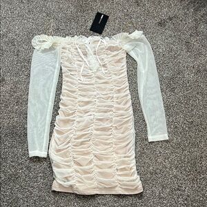 Fashion Nova White and Cream Mesh Dress